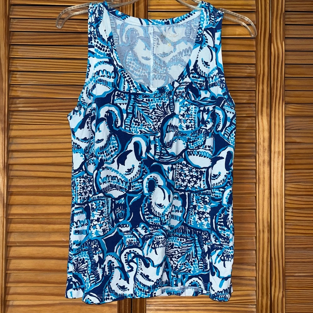 Lilly Pulitzer Crayton‎ Indian Elephant Print Keep On Trunkin" Blue Tank Top